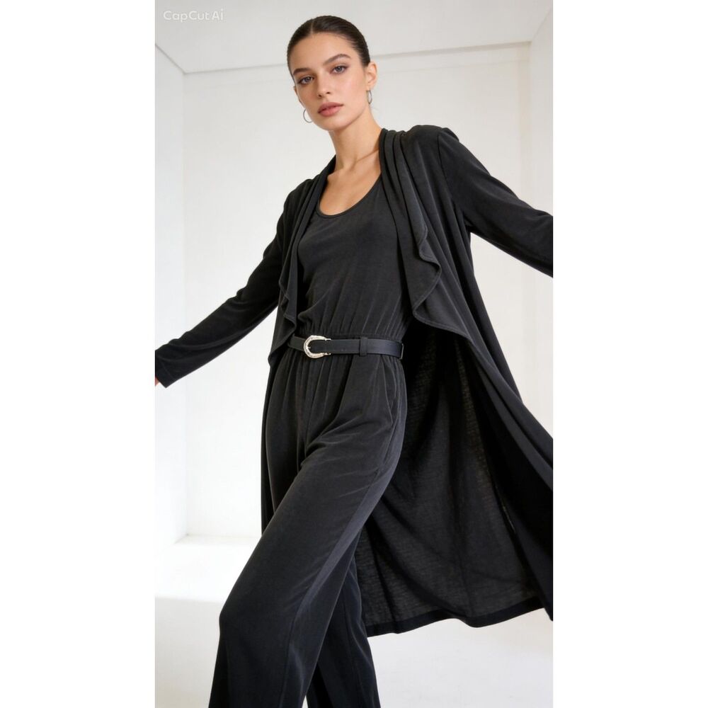 VTG 80s Cache M Jumpsuit Wide Leg Duster Cardigan Belt Black Liquid Knit Slinky - Picture 12 of 12